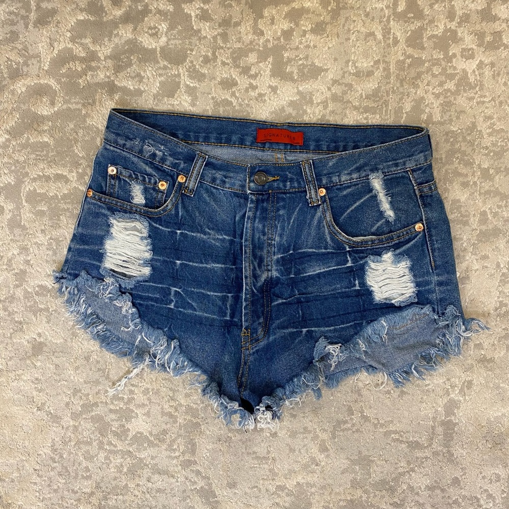 Distressed Dark Blue Denim Cutoff Shorts - Signature